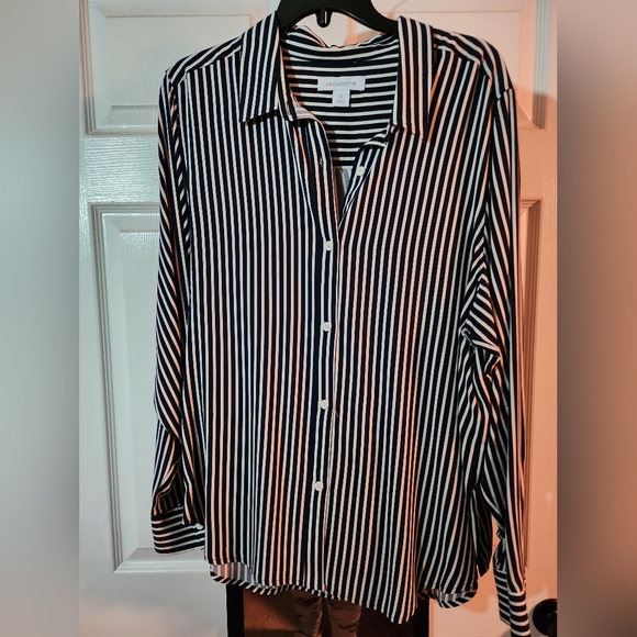 Navy and white striped button-up blouse - Picture 1 of 4